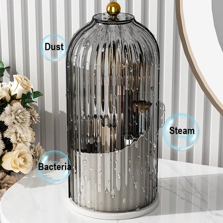 Image of KREPS Makeup Brush Holder with Lid,360 Rotating Makeup Organizer, Nail Polish Perfume Lipstick Pen-Pencil Paint Brush Stationary Organizer, Multifunctional Dressing Table Storage (Black)
