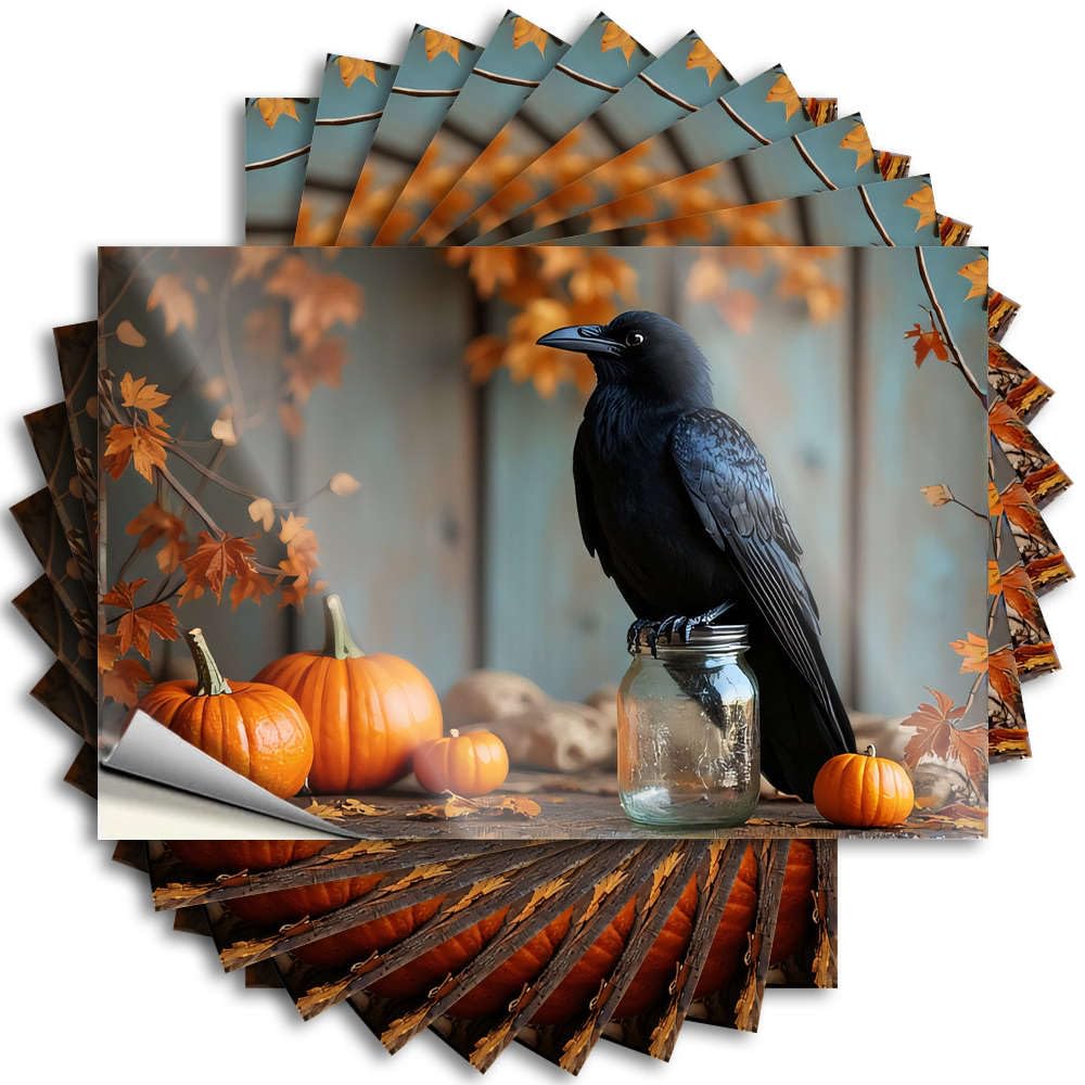 Fzfn Colour Sticker Retro Room Decor Easy Apply | A Crow Perches On A Jar Surrounded By Pumpkins And Autumn Leaves Fall Hat Peel And Stick(12X18cm)