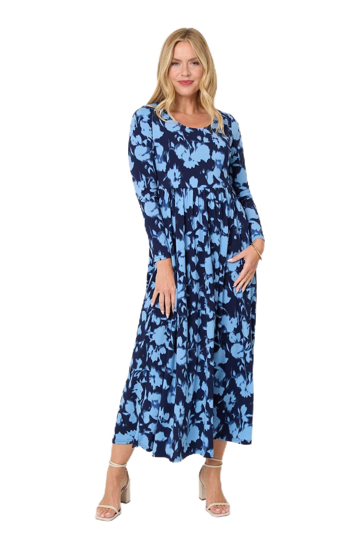 Izabel London Women's Blue Floral Long Sleeve Jersey Maxi Dress In Size 12