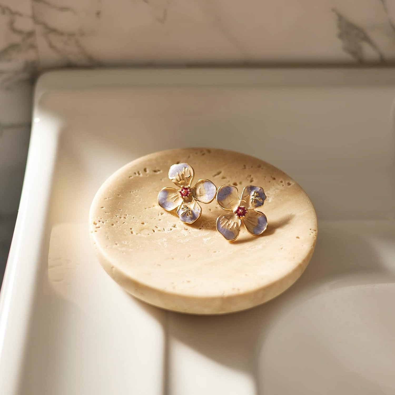 Round Travertine Tray for Jewelry, Marble Trinket Dish Tray, Nightstand Decor, Coaster, Soap Dish,Sponge Holder for Bathroom, Beige