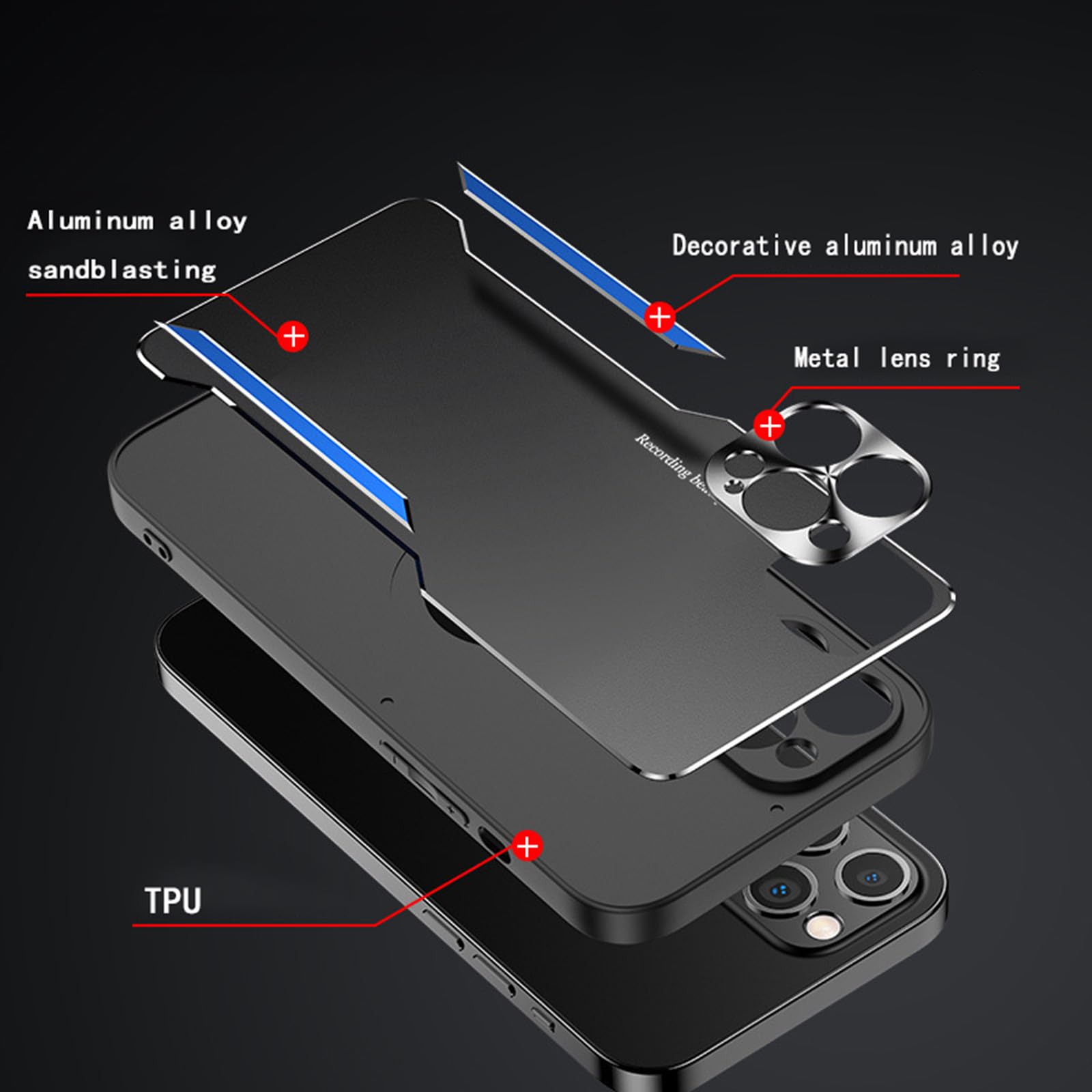 LXURY Etui na iPhone 15 Pro Max/15 Pro/15 Plus/15, metalowe matowe etui chroniące przed upadkiem, z ochroną aparatu, miękkie, silikonowe etui, niebieskie, 15 Plus