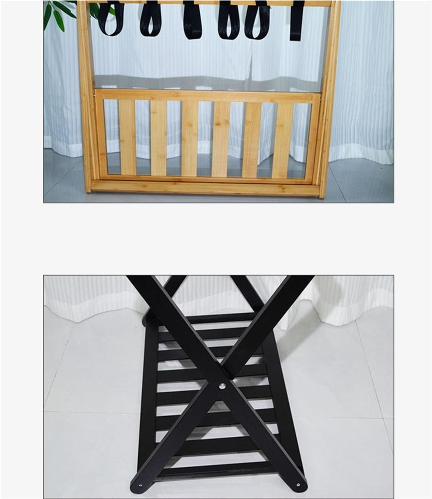Porta Maletas Hogar Soporte Plegable De Madera para Equipaje Portaequipajes con Correa Nailon para para Hotel Portaequipajes Invitados(Black)