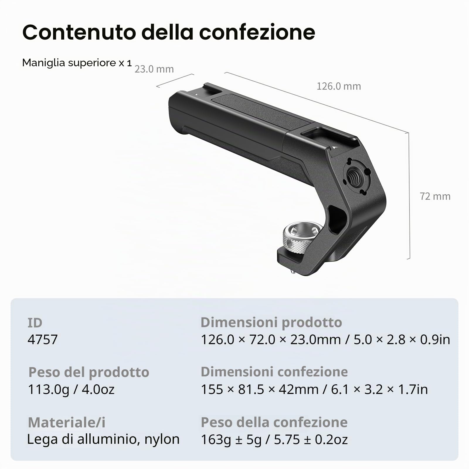 SMALLRIG Maniglia Superiore per ARRI-Standard Leggera con 3/8'' Perni di Posizionamento, Top Handle per Sony Alpha 7 V - 4757