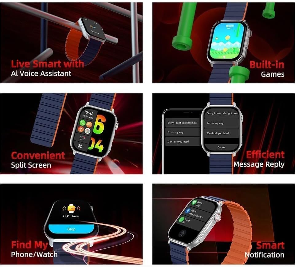Kieslect Ks Pro Smartwatch feature collage showing AI voice assistant, built-in games, split screen, message reply, find my phone/watch, and smart notifications.