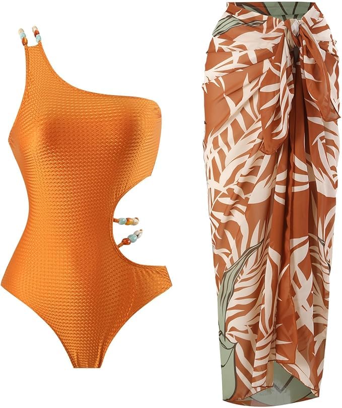 Image of AARAM Stylish Premium Women's One Piece Swimsuit with Cover Ups Wrap Skirt Sarong Retro Floral Print Monokini Tummy Control Swimwear, Printed Swimming Costume for Women Beach Wear