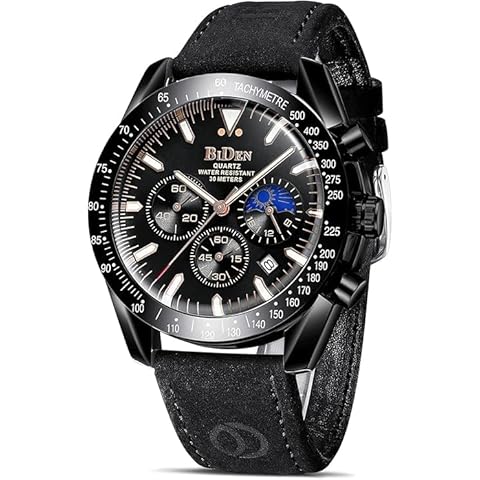 LN LENQIN Mens Watches Chronograph Leather Watch Analog Quartz Watches for Men 30M Waterproof Men's Wrist Watches Luminous Luxury Fashion Business Watches with Date Moon Phase (All Black) Cover