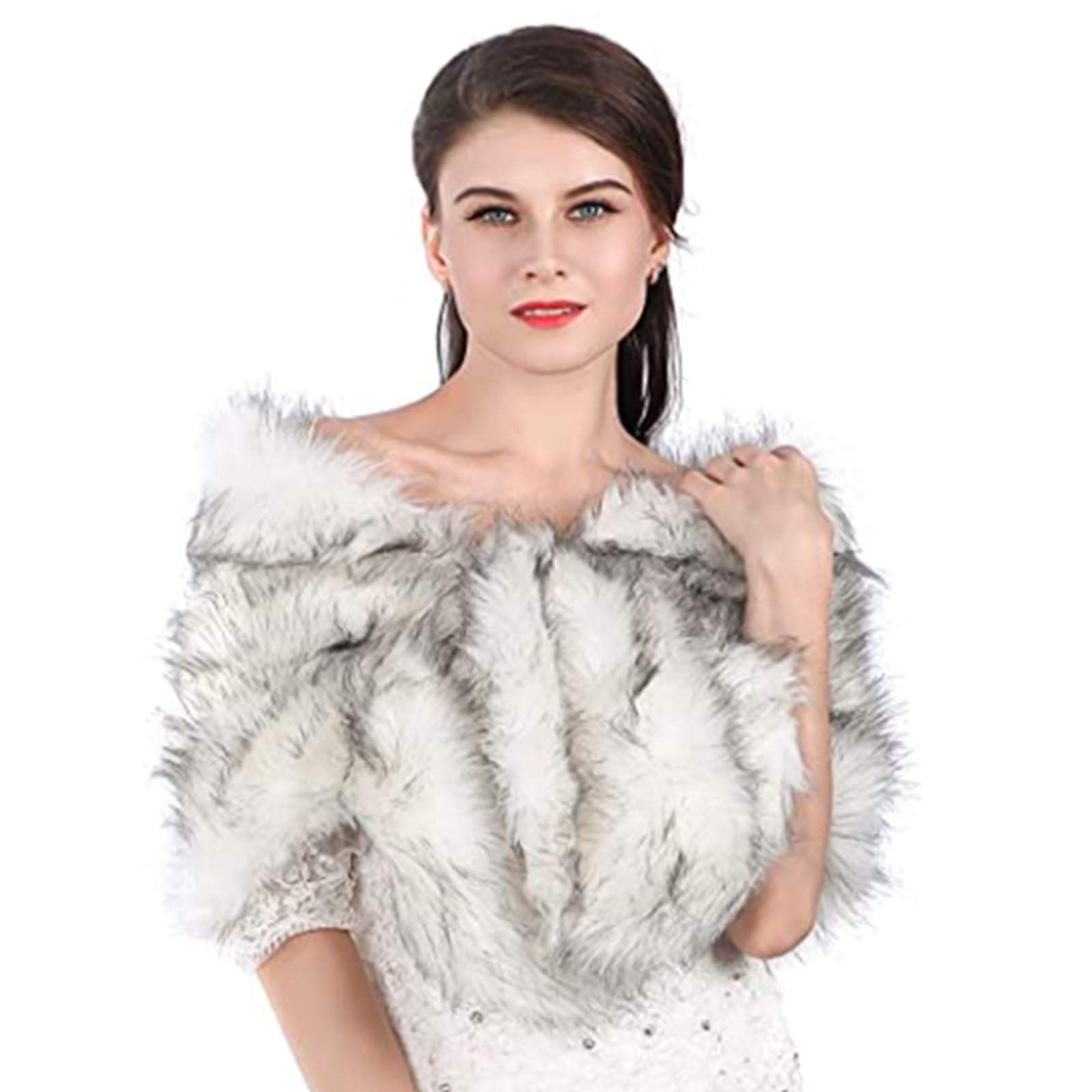 Aukmla Women's Wedding Faux Fur Wraps and Shawls Bridal Fur Stoles Scarf with Rhinestones Brooch for Bride and Bridesmaids