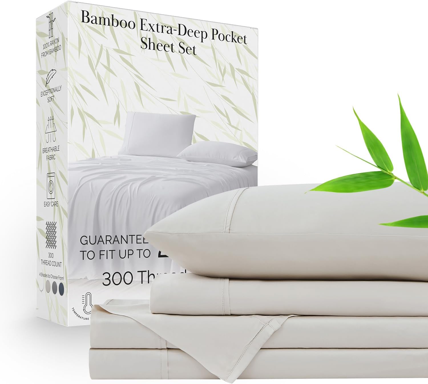 Southshore Fine Living, Inc. 100% Rayon/Viscose Derived from Bamboo Cooling Sheets, 21-Inch Deep Pocket Bamboo Sheets King Size, 300 Thread Count, Oversized Flat, 2 Pillowcases, Bone