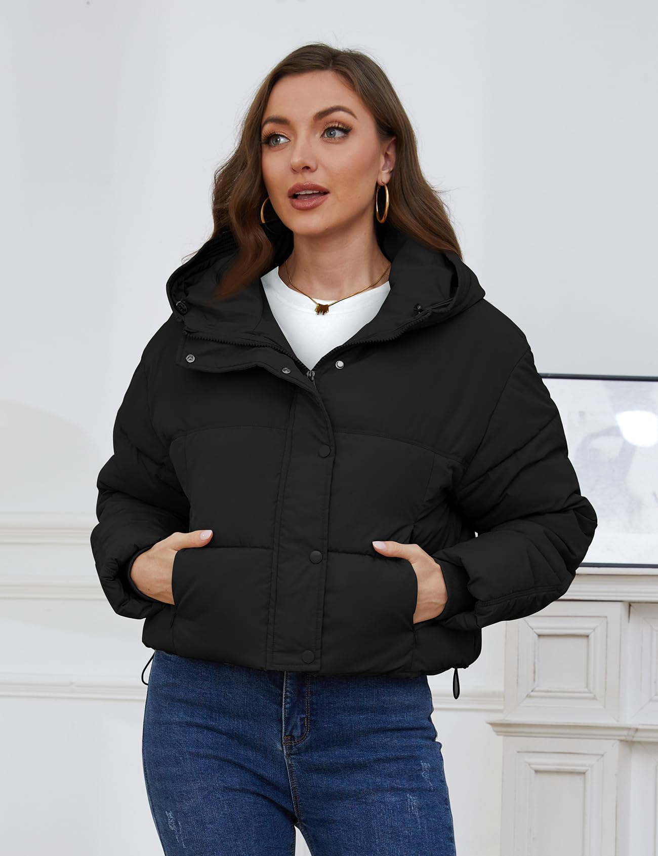 Yimoon Piumino corto invernale da donna con cappuccio e cerniera corta trapuntata calda | Manica lunga, cerniera intera, bottone automatico, giacca trapuntata calda, cappotto corto a palloncino