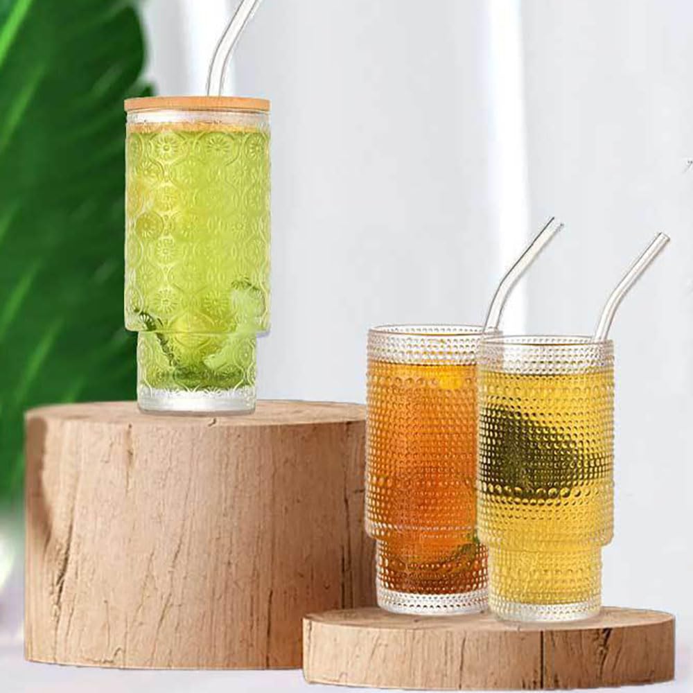 Lot de 4 gobelets empilables en verre texturé avec couvercles et pailles en bambou, 320 ml - Tasses à café glacé réutilisables pour cuisine/fête/maison, peu encombrant