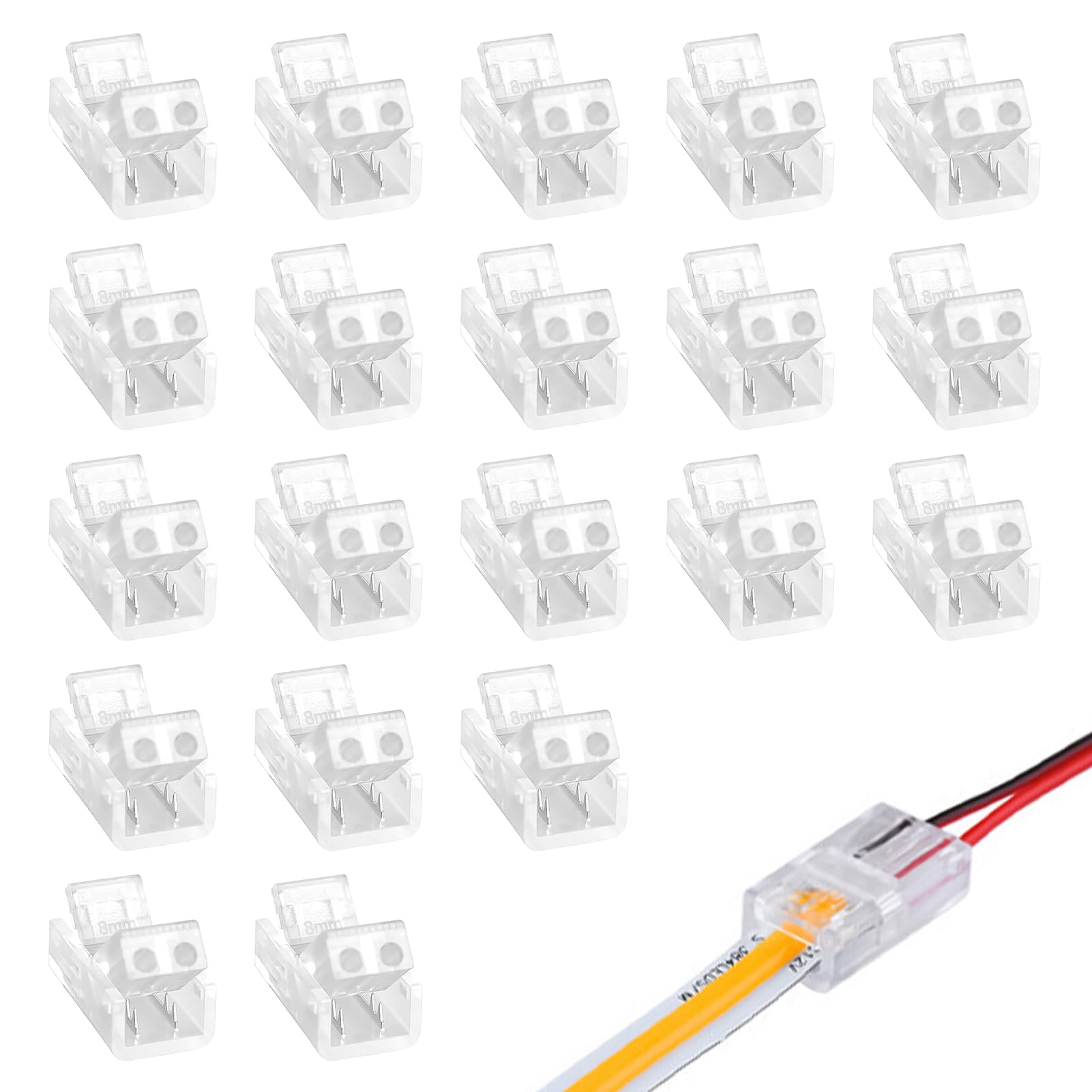 Xatgiouy 20 Pcs 2 Pin 8mm COB LED Strip Connectors, Gapless Solderless LED Connector for Waterproof COB/SMD LED Light Strips