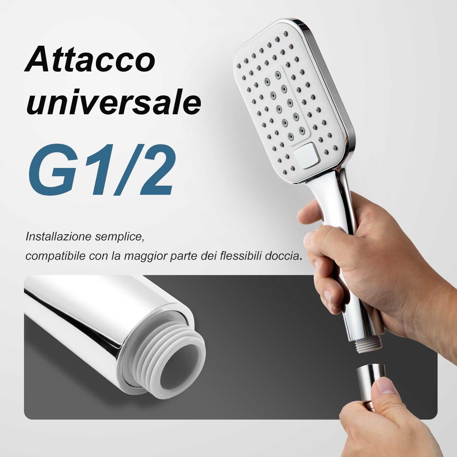 OFFO Soffione Doccia, Doccino per Doccia con 3 Modalità di Getto,Soffione Doccia Grande per Il Risparmio Idrico, Doccetta per Il Bagno, Copertura Grande, Rettangolare 12x9cm, Cromo