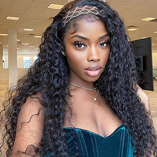 Headband Wig Curly Headband Wigs for Black Women Synthetic Water Wave Headband Wig Glueless Half Wig 22 Inch 180% Density Wigs with Headbands Attached Natural for Daily Use (22 Inch, 1B)