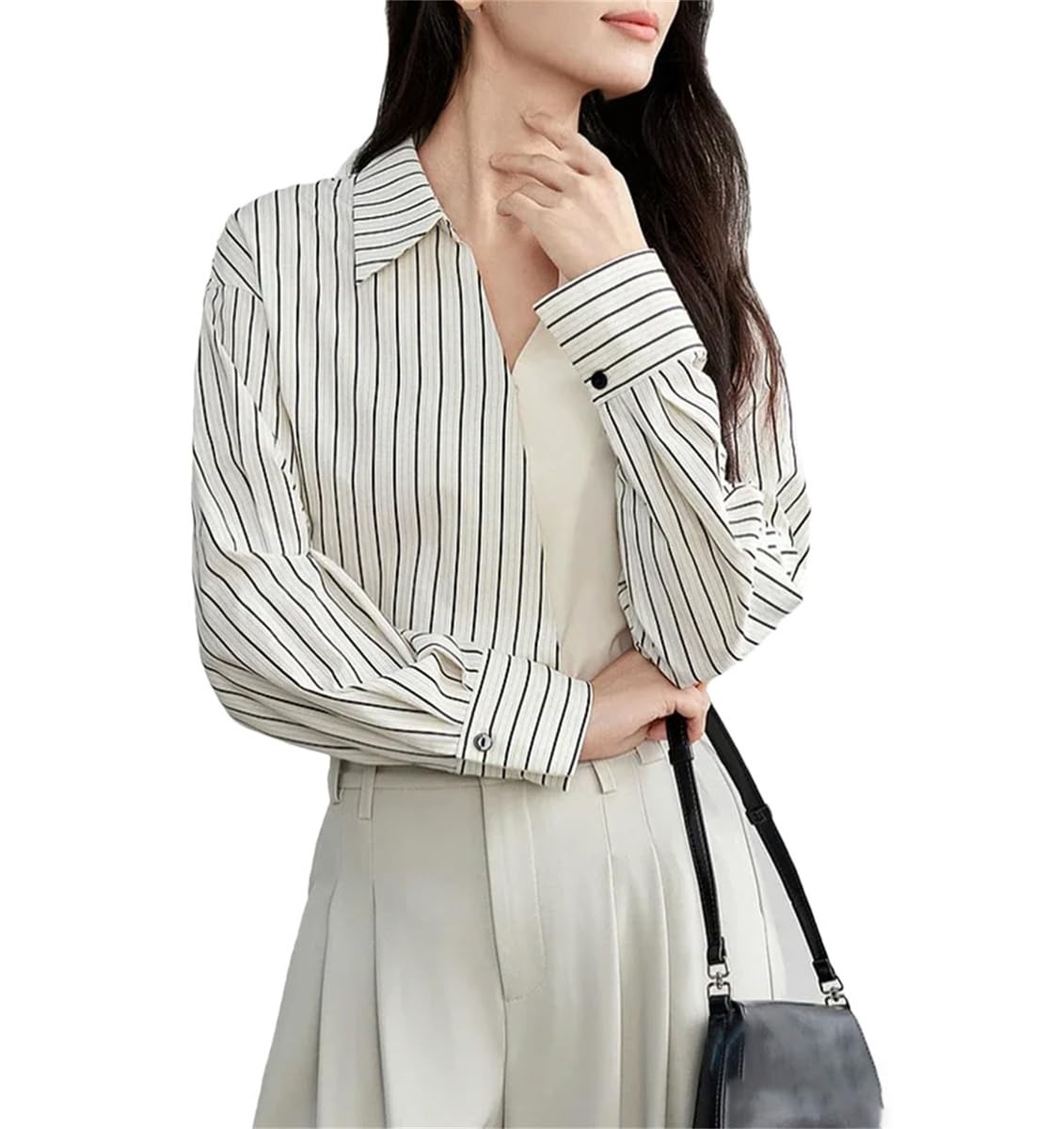 Chemise rayures patchwork coton avec col rabattable ample style décontracté - 8