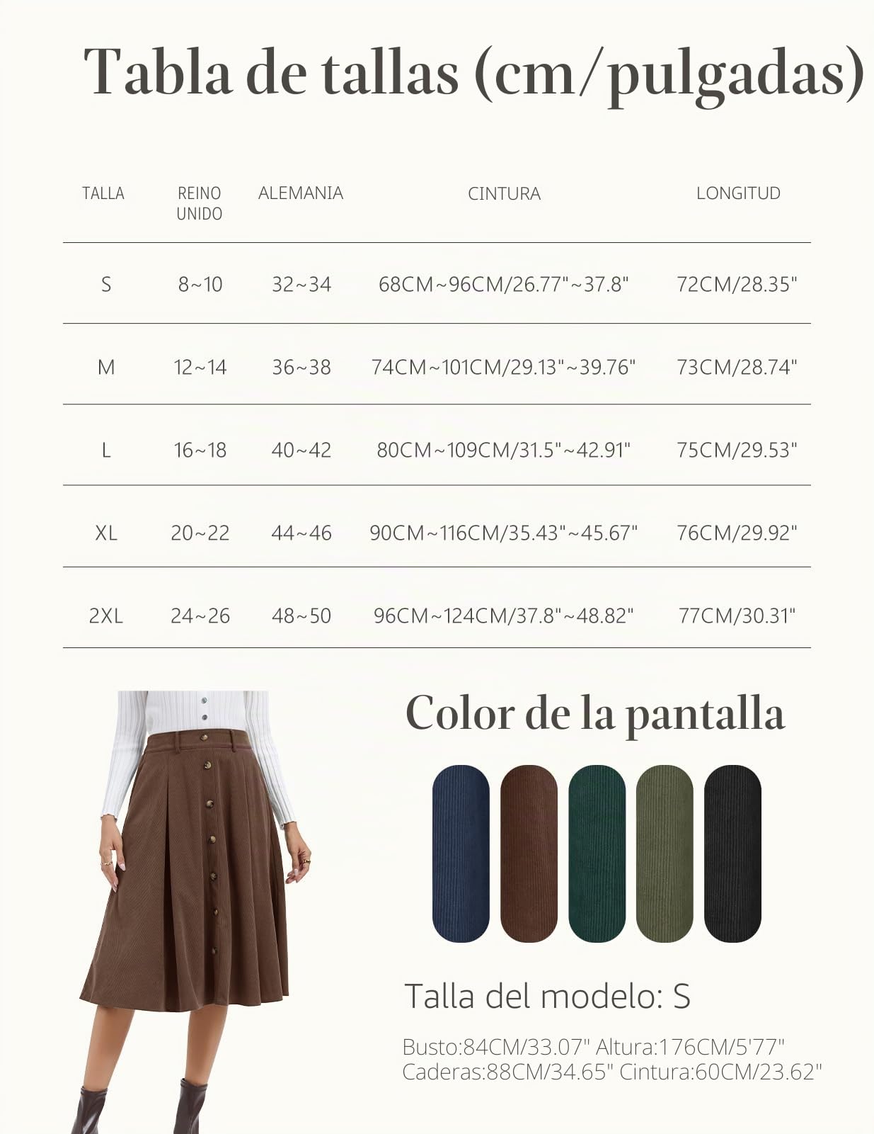 Bbonlinedress Falda midi de pana para mujer, cintura alta, longitud al té, falda para otoño e invierno