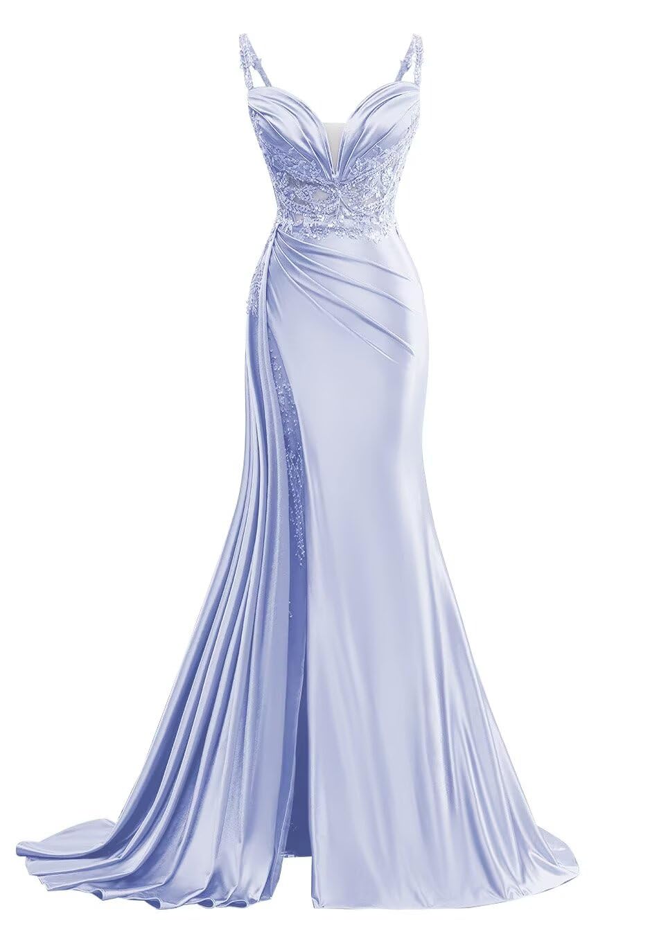 V Neck Satin Prom Dress Long Mermaid Lace Evening Gown with Slit Pleated Bodycon Formal Dress with Tail