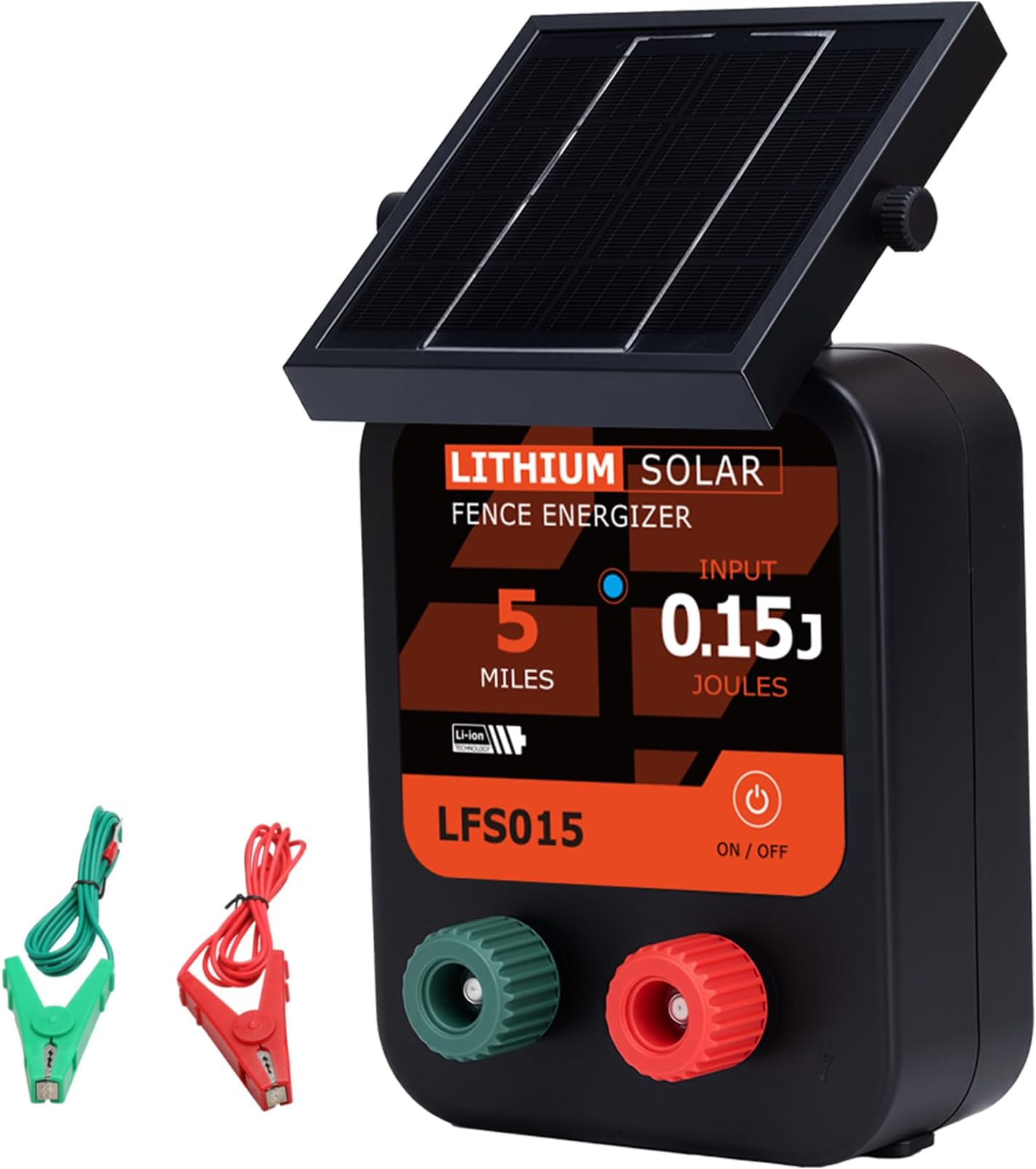 Lydite Solar Electric Fence Charger - 5 Miles Range 20 Acres 0.15 Stored Joules Energizer in Lithium Battery 1.8W Solar Panel Solar Powered Fence Charger for Livestock