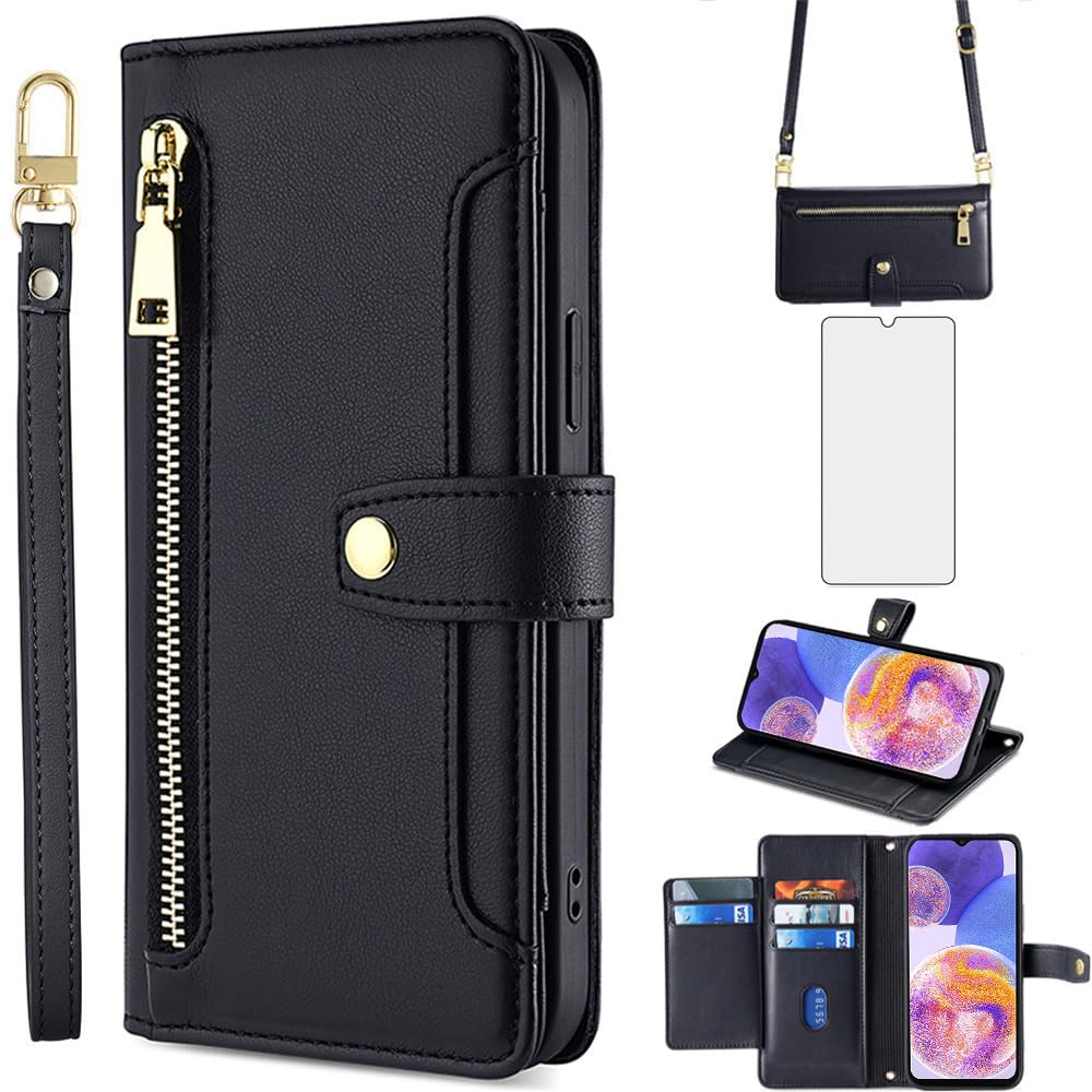 Asuwish Phone Case for Samsung Galaxy A23 5G/4G Wallet Cover and Tempered Glass Screen Protector Zipper Card Holder Slot Stand Leather Cell