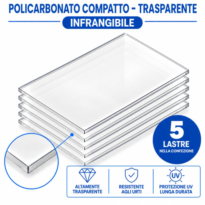 EZOOZA Polycarbonat, kompakt, 2 mm, 200 x 100 cm, transparent, 5 Stück