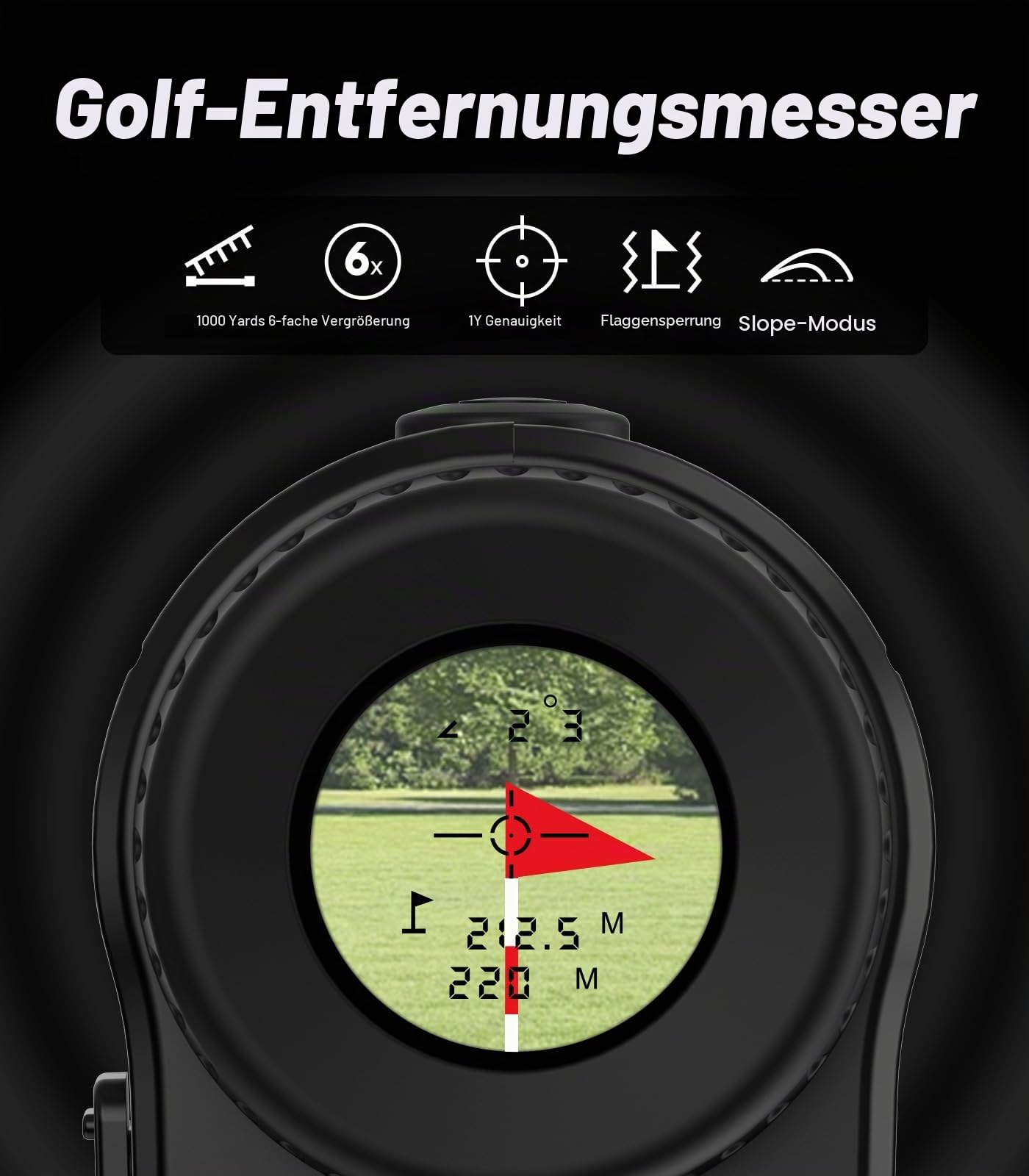 Golf Entfernungsmesser mit Steigung, 1000M Entfernungsmesser Golf, 6-fache Vergrößerung, Fahnenmastverriegelung Vibration, wiederaufladbarer Golf-Entfernungsmesser