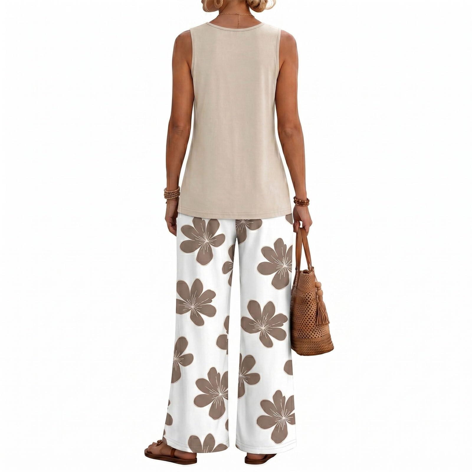 2 teiler damen elegant Zweiteiliger Sommer Leinenanzug für Damen: Baumwoll Oberteil mit asymmetrischem V Ausschnitt, ärmellos, einfarbig, weite Hose mit Blumenmuster, atmungsaktiver 2 (Brown, S)