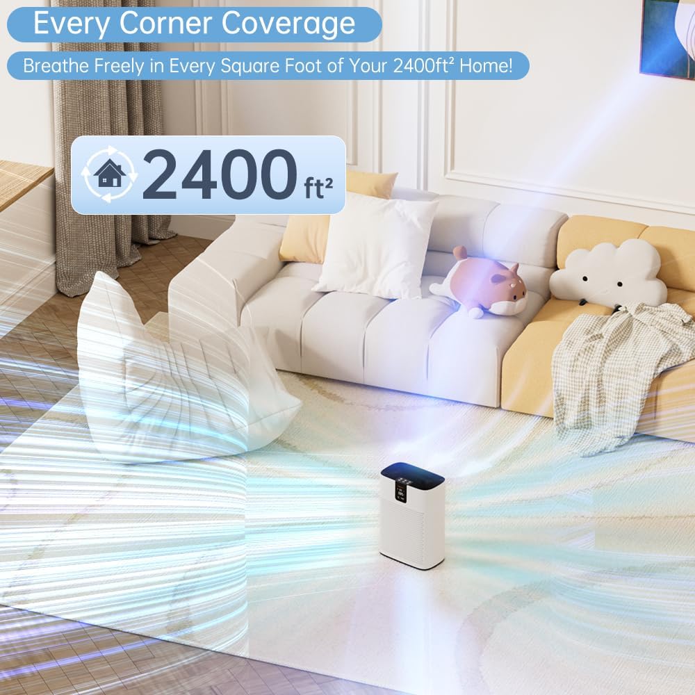 Air Purifier for Home Large Room up to 2400 Ft², 15dB Quiet HEPA Air Purifier for Bedroom, Smart App Control, Auto Mode for Pet Hair Dander Odor Smoke with 2 Filters Included