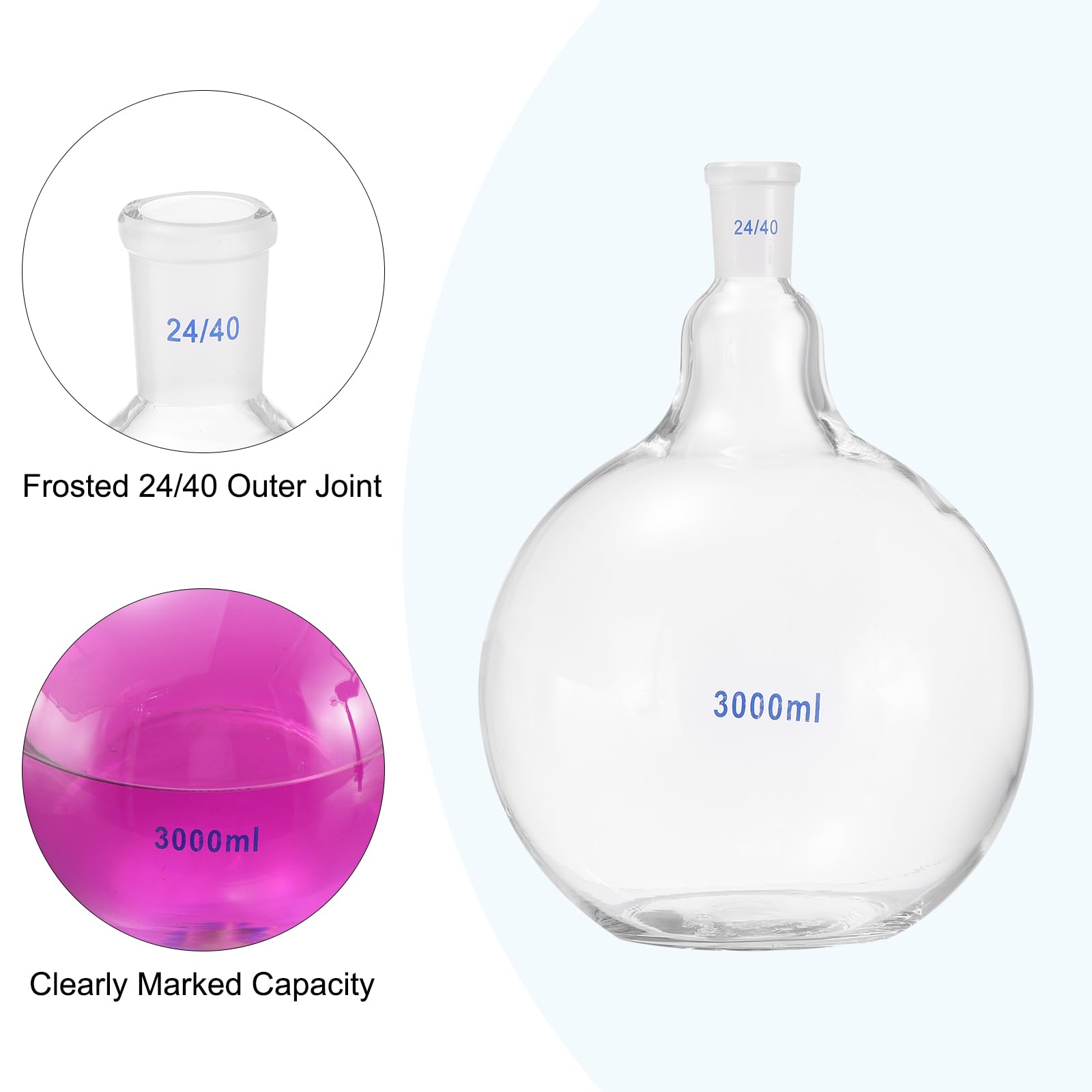 PATIKIL Pallone Da Bollo 3000ml, Pallone In Vetro Borosilicato 3.3 Monocollo A Fondo Piatto Con Giunto Standard Smerigliato 24/40 Per Laboratorio, Trasparente