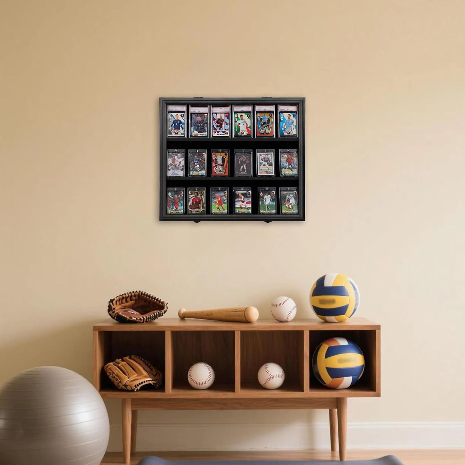 18 Graded Sports Card Display Case with UV Protection Lockable Wall Frame Cabinet for Basketball Football Baseball Hockey Trading Cards-Black Finish