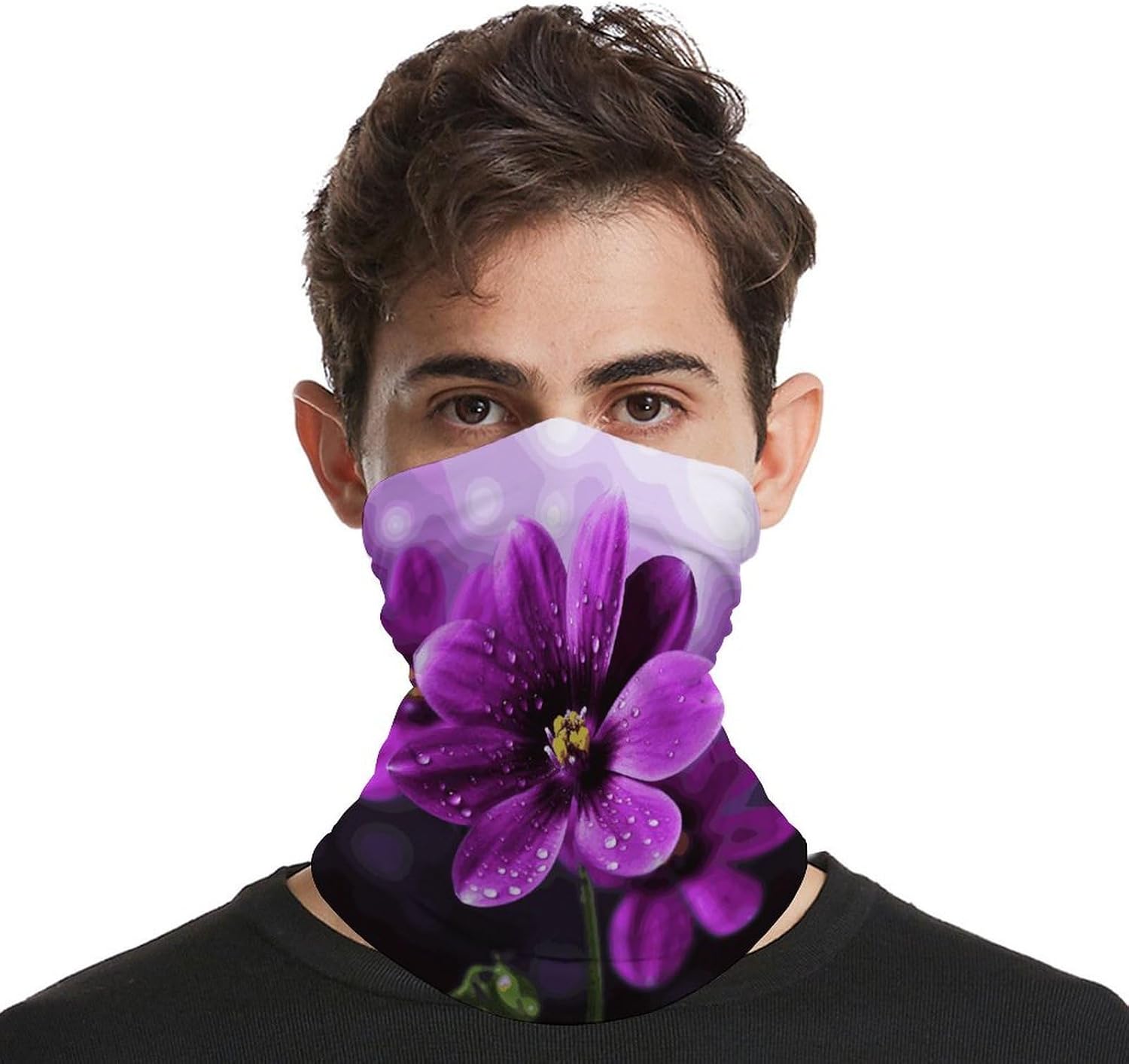 Multi-Use Double Sided Purple Flower Print Neck Gaiter Face Cover Scarf, Breathable Cooling UV Sun Protection Face Mask, Soft Bandana Head Wrap Headwear for Men Women Outdoor