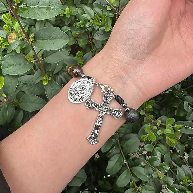 Nazareth Store Tiger Eye Beads One Decade Rosary Handmade Pocket Car Mirror with Saint Joseph Medal and Jesus Cross in Antique Silver Volcanic Stone Travel Friendly Rosary - Image 5