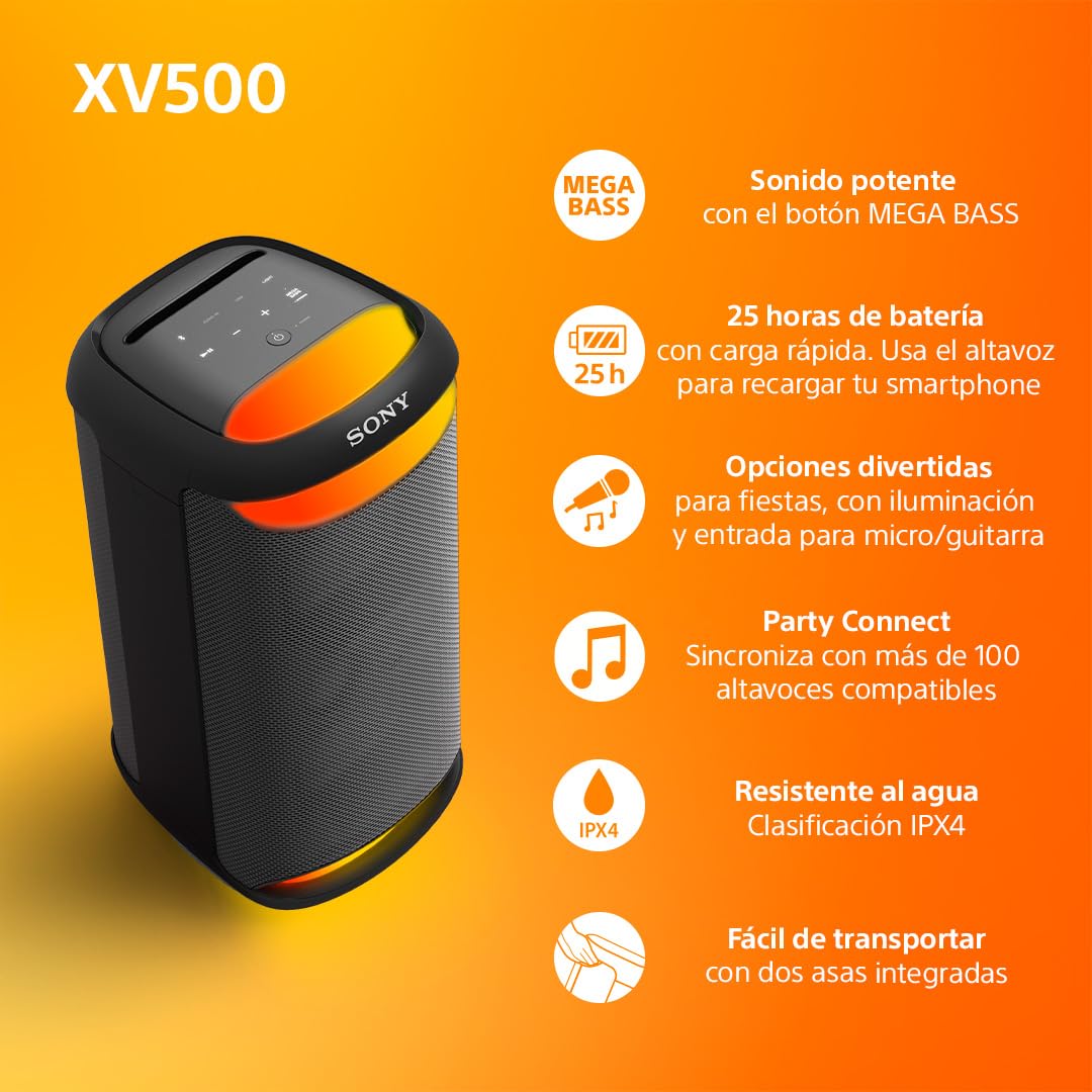 Sony SRS-XV500 Bezprzewodowy Głośnik Imprezowy Bluetooth z Mocnym Dźwiękiem, 25 Godzin Pracy na Baterii, Przenośny, do Użytku Wewnątrz i na Zewnątrz, Stopień Ochrony IPX4, Karaoke, Czarny