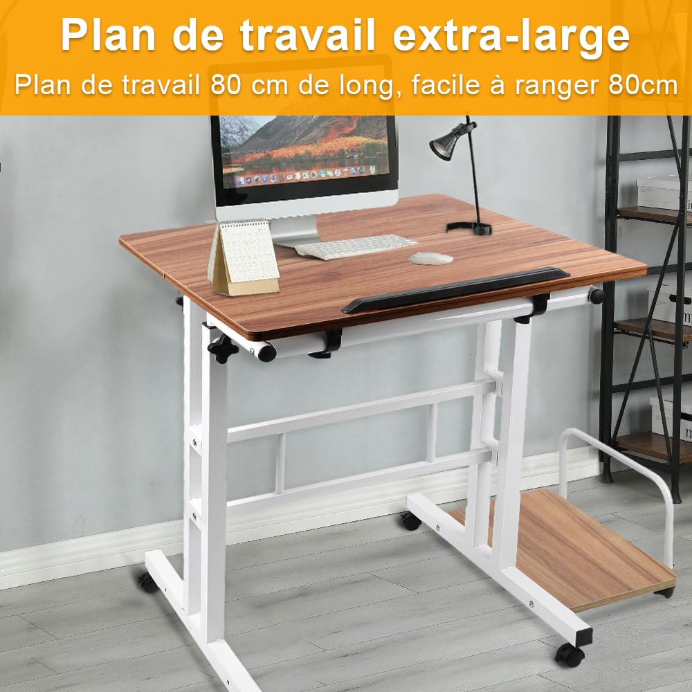 SDdPulse Dunkles Eichenholz, tavolo mobile per computer regolabile in altezza, con ruote, per camera da letto e soggiorno, 82 x 60 x 67-117 cm