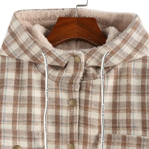 ZAFUL Women's Plaid Fleece Lined Hooded Jacket Button Up Oversized Fuzzy Coat Checkered Flannel Hoodie Jacket3