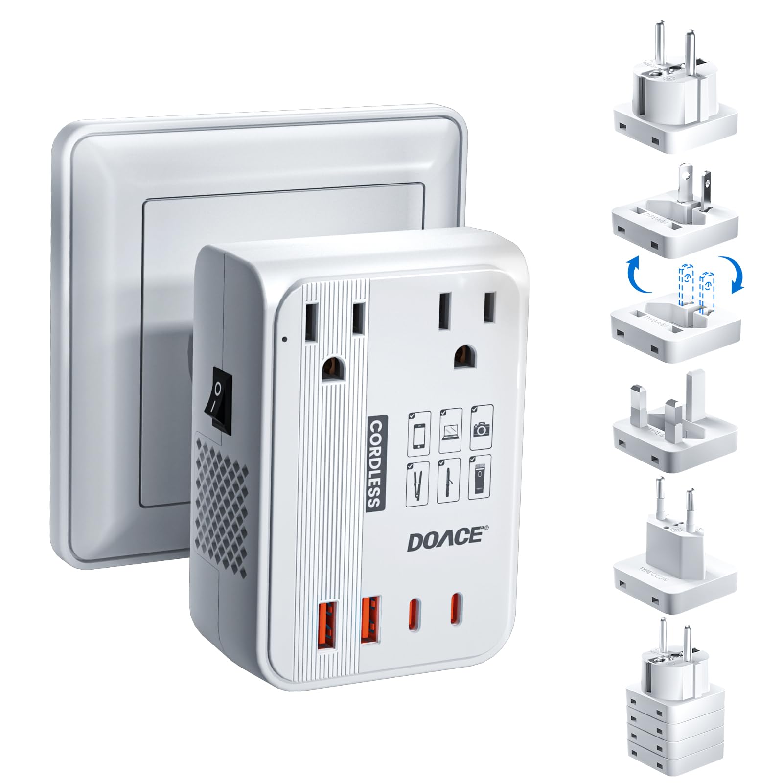 DOACE 220V to 110V Converter for European Travel - 350W Cordless Voltage Converter US to Europe, Power Converter Adapter Combo with PD Chargers for Hair Straightener Shaver Toothbrush Laptop Phone