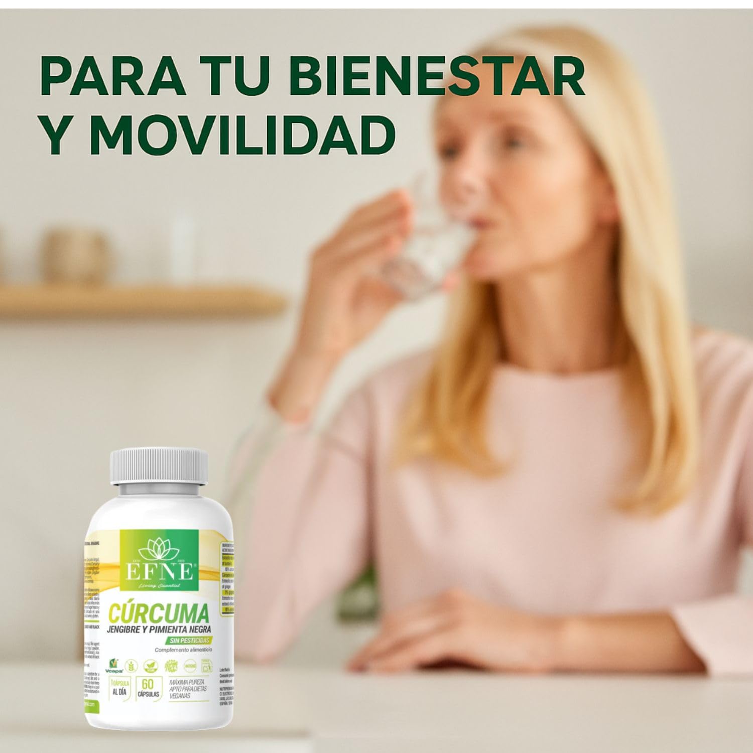 EFNE CURCUMINA FORTE – Cúrcuma + Jengibre + Pimienta Negra | 60 cápsulas veganas | Extracto de cúrcuma 95% curcumina + jengibre 5% gingeroles + piperina 95% | Sin gluten ni lactosa