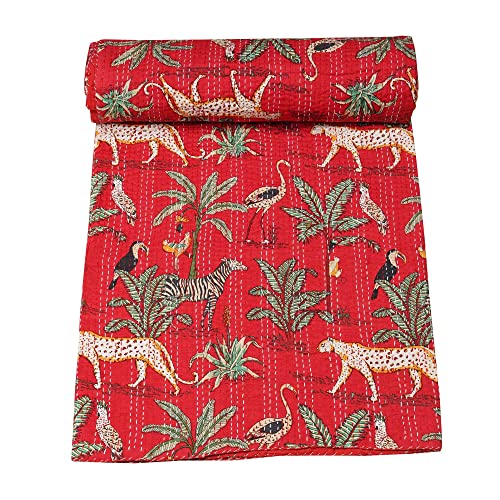 Marubhumi Colcha Kantha tradicional india de algodón puro con estampado de selva, funda de cama, colcha Kantha con estampado de animales, multicolor (rojo, King (108 x 108 pulgadas)