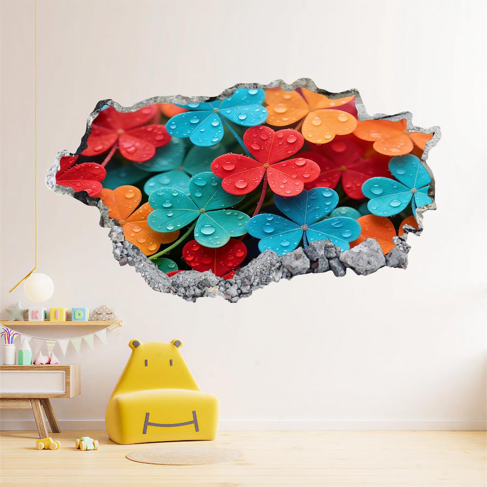 3D Durchbruch Wandtattoo Mädchen Kinderzimmer Vierblättriges Kleeblatt Wandaufkleber Dekorative Farbenfrohe Pflanzen Wandsticker für Junge Teenager Zimmer Wohnzimmer Schlafzimmer Wandbilder Deko