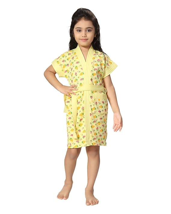 Be You Yellow Strawberry Printed Kids Bath Robe for Girls