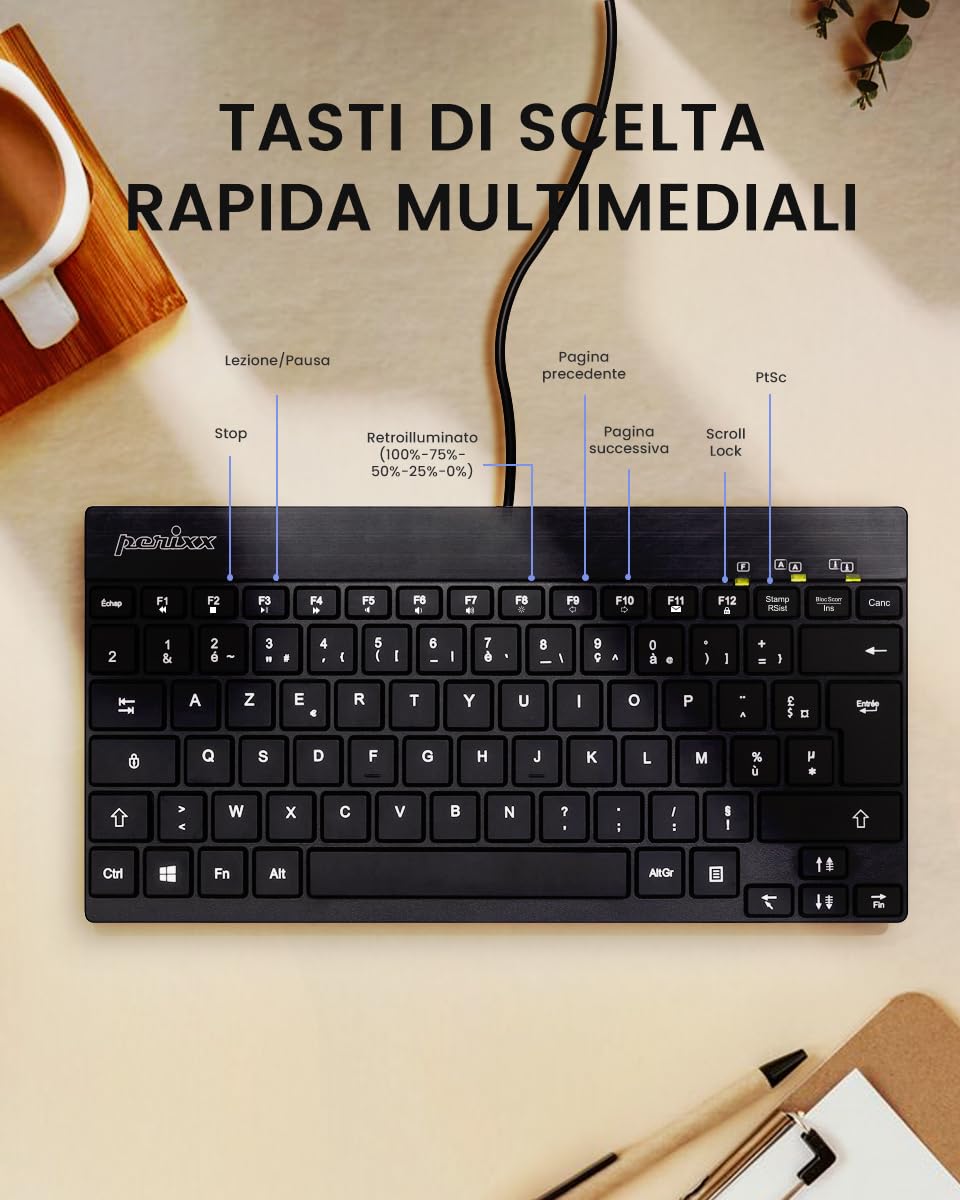 Perixx USB PERIBOARD-326 Mini Keyboard with Backlight and Low Profile Keys, QWERTY Italian