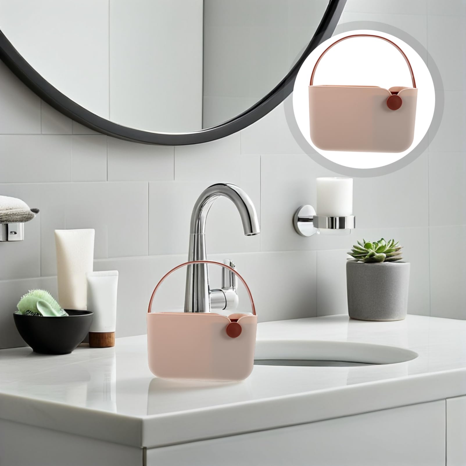 Cesta de Ducha Portátil Rosa de Pp y Tpr, Estilo Nórdico | Compacta y Fácil de Limpiar, para Cocina y Tocador, Organiza Artículos Pequeños con Formato Cesta