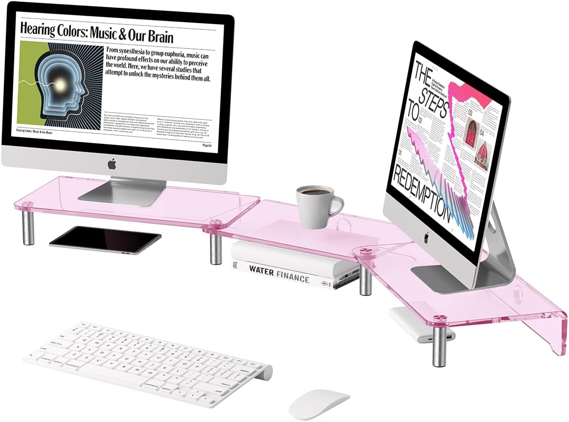 HEWYIOS dual monitor stand riser, 3layer pink acrylic