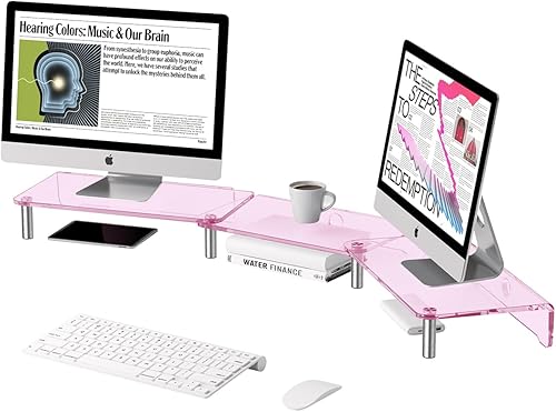 Soporte elevador de monitor doble, soporte de monitor acrílico rosa de 3 capas con almohadilla antideslizante, longitud y ángulo ajustables,
