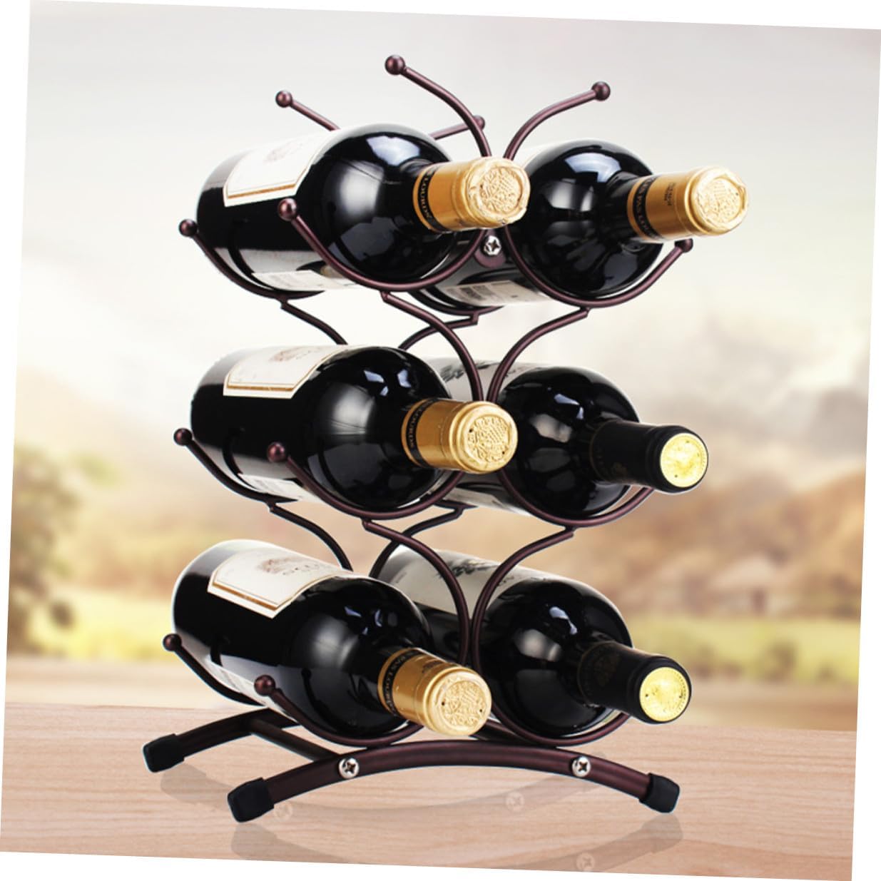 Detachable Iron Wine Rack Six-Bottle Desktop Wine Holder Metal Display Shelf Vintage Copper for Home Dining Room Storage and Collection