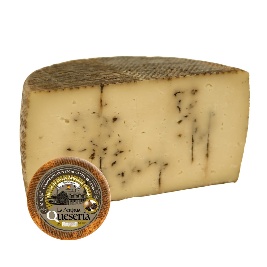 La Antigua Queseria Queso Artesano Curado de Oveja con Ajo Negro, Leche Cruda 100%, Curación Mínima 6 Meses, MEDIO QUESO 1,5 kg (Aprox)