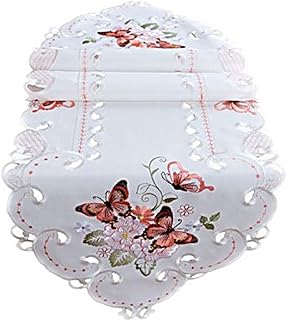 Nappe ovale Champagne Papillons Rouge Multicolore brodé Chemin de Table aufleger printemps été, Polyester, Sekt = Gebrochener Weiß-ton, Helle Rot-töne, Bunt, 40 x 140 cm