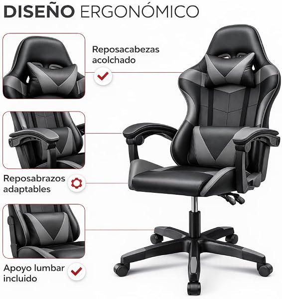 Silla Gaming Ergonómica Reclinable con Cojín Lumbar y Cervical | Altura Ajustable, Reposabrazos Acolchados, Ruedas 360° | Ideal para Oficina, Escritorio, Teletrabajo, Estudio, Juego, Ordenador - 5
