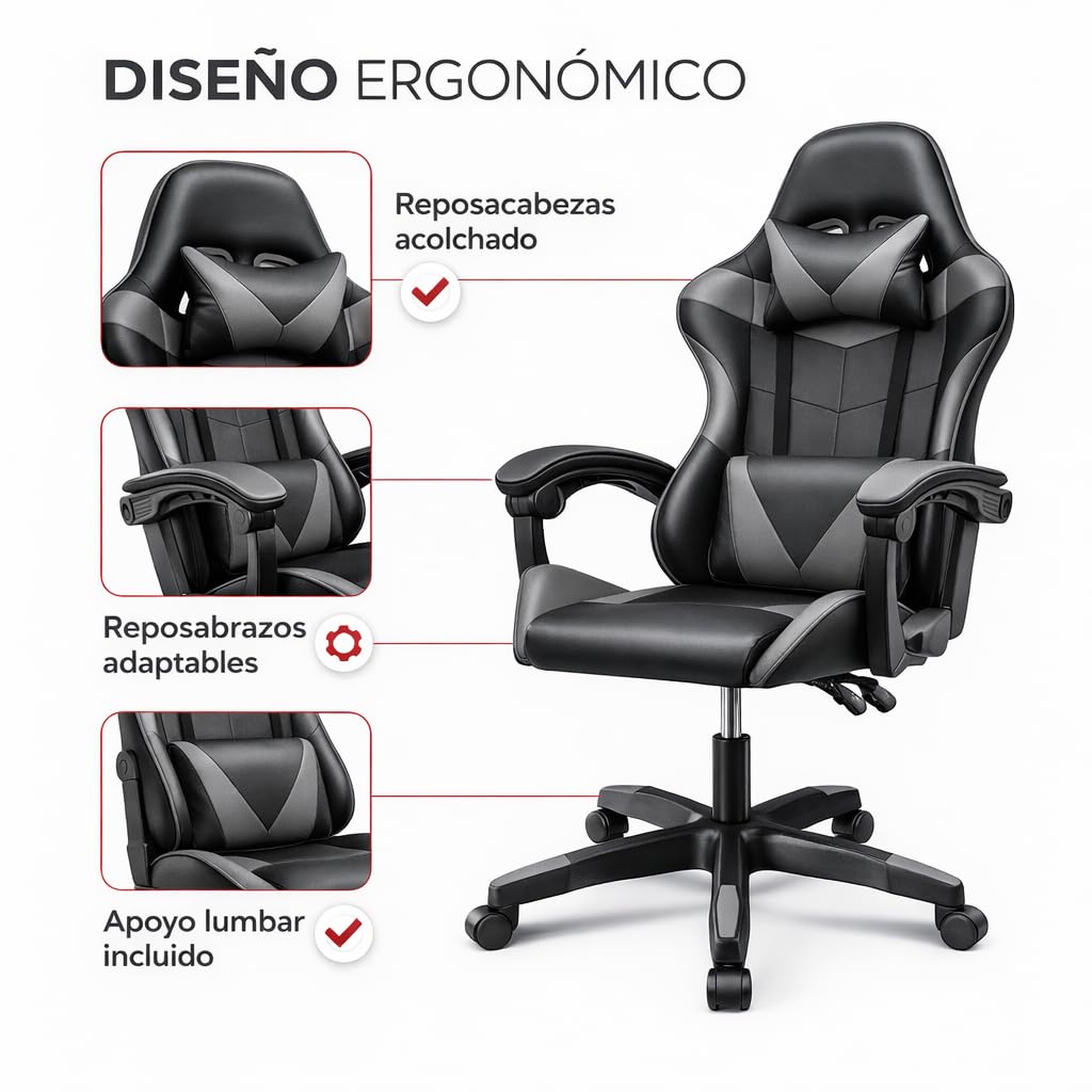 Silla Gaming Ergonómica Reclinable con Cojín Lumbar y Cervical | Altura Ajustable, Reposabrazos Acolchados, Ruedas 360° | Ideal para Oficina, Escritorio, Teletrabajo, Estudio, Juego, Ordenador — view 5