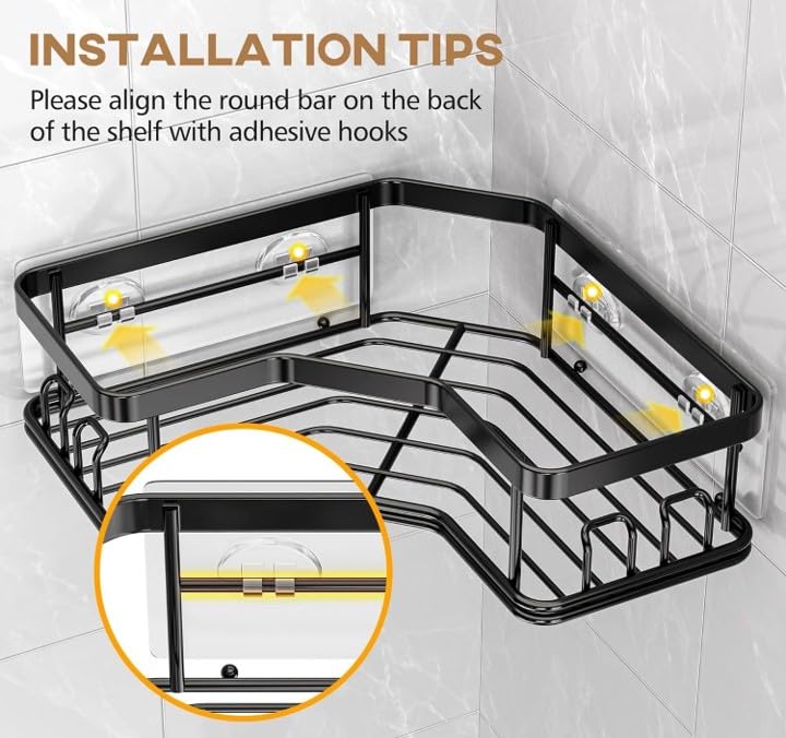 RIOMAX Wall Mounted Self-Adhesive Bathroom Corner Shelf/Kitchen Rack & Holder - Bathroom Accessories (Material - Metal, Powder Coated Finish, Black, Thick Railing Pack of 1) (Image - 5)