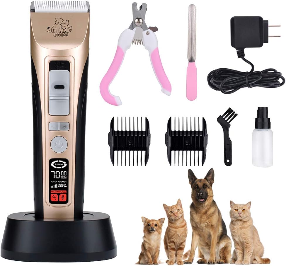 Pet Grooming Clippers 5 Speed Up To 7000 RPM Dog Clippers Heavy Duty Rechargeable Dog Trimmer Low Noise Dog Grooming Clippers Kit LCD Screen Pet Electric Clippers Professional Cat Shaver for Dogs Cats
