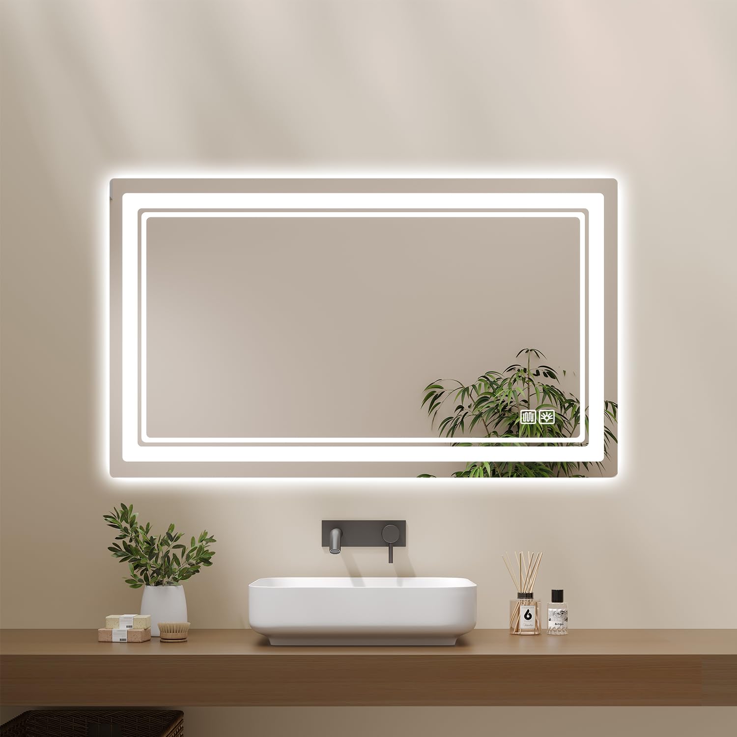 Badspiegel mit Beleuchtung 70 × 50cm, Badezimmerspiegel Beleuchtet Beschlagfrei LED Bad Spiegel mit Touch Schalter, 3 Lichtfarben Dimmbar Speicherfunktion, Badezimmer Wandspiegel IP44